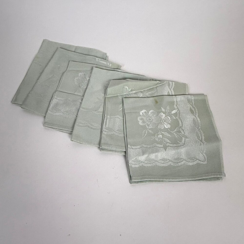 6 Vintage Damask Cloth Luncheon Napkins Pale Mint Green Floral Pattern